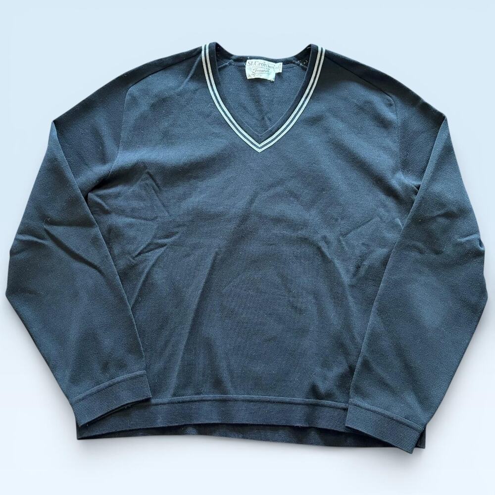 St. Croix Knits Sweater Mens 2XL Black V Neck 100% Wool Pullover Long Sleeve